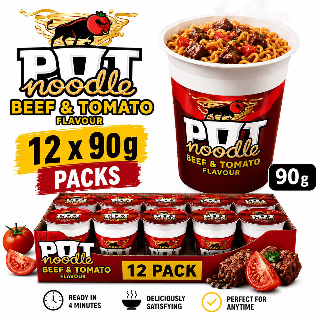 Pot Noodle Beef & Tomato 12 x 90g – Instant Noodle Snack Pots – Quick Easy Hot Meal Cups – Just Add Hot Water
