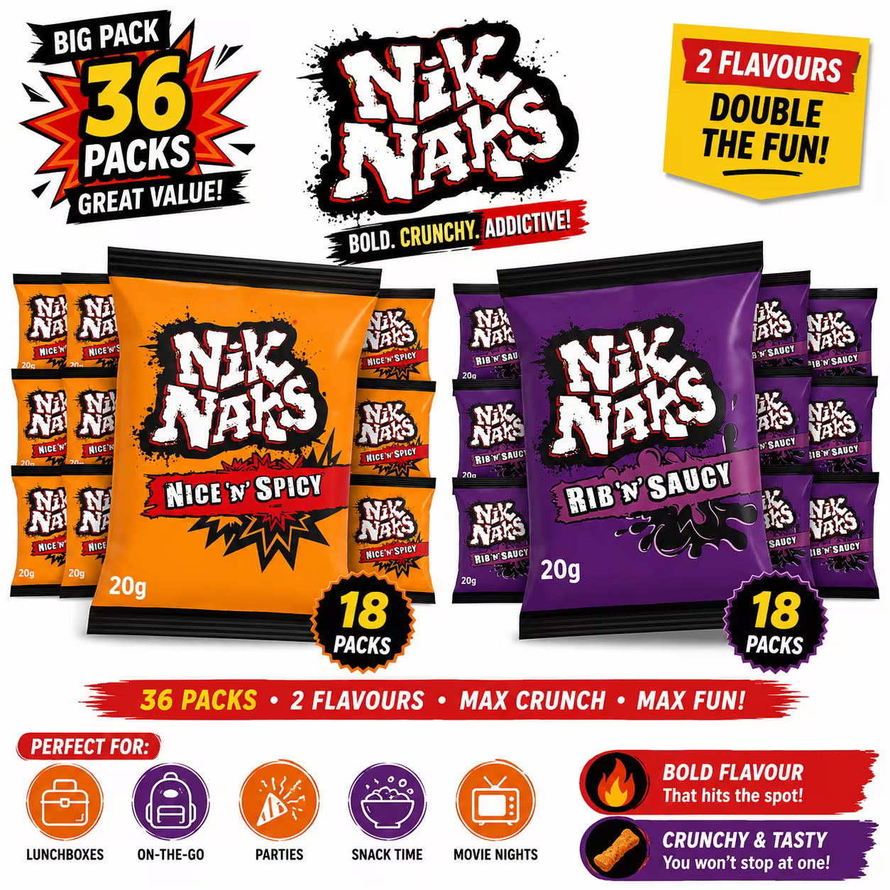 Nik Naks Combo Corn Snacks 36 x 20g – 18x Nice ‘n' Spicy & 18x Rib ‘n' Saucy – Multipack Crisps, Lunchbox & Party Treats
