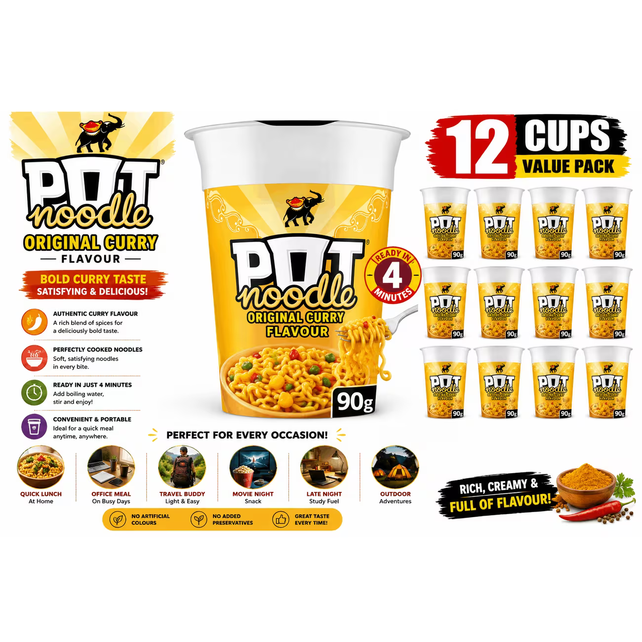 Pot Noodle Original Curry 90g x 12 – Instant Noodle Pots Multipack – Classic Curry Flavour, Quick Meals