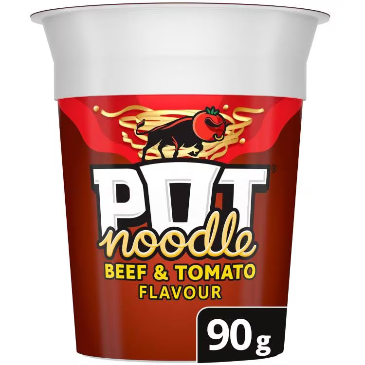 Pot Noodle Beef & Tomato 12 x 90g – Instant Noodle Snack Pots – Quick Easy Hot Meal Cups – Just Add Hot Water